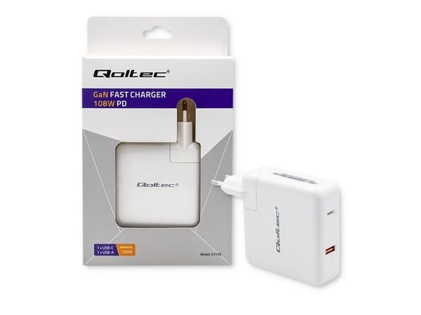 Qoltec GaN FAST - Strømadapter - 108 watt - 4.7 A - PD - 2 utgangskontakter (USB, USB-C) - hvit