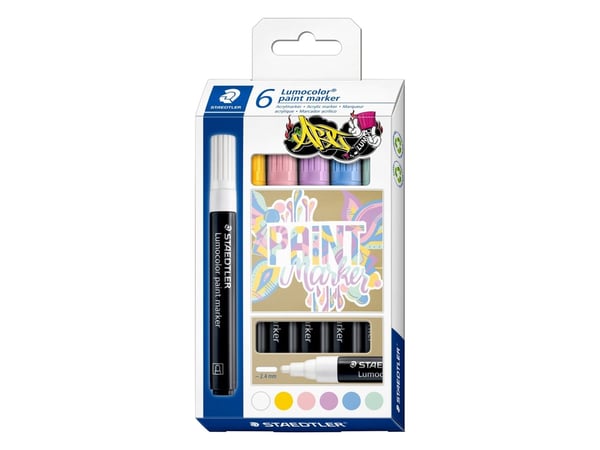 Staedtler Lumocolor 349 C6-1, Assorterte farger, Flerfarget, 6 farger, Vann-basert blekk, 2,4 mm, Fotoark kartong, Keramisk, Glass, Metall, Plast, ...