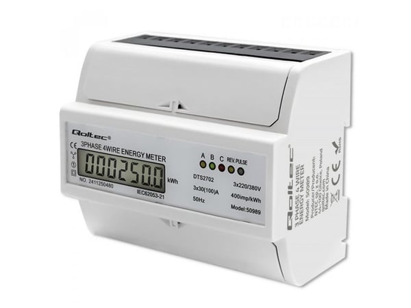 Qoltec 3-vaiheinen kaksisuuntainen elektroninen energiamittari | DIN-kisko | 400V | 100A | LCD | 4P