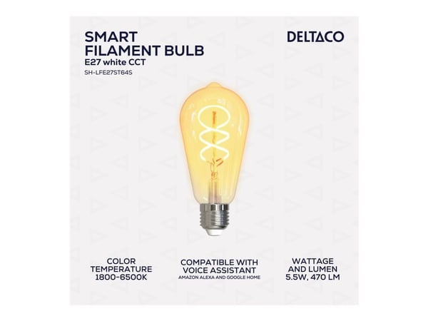 DELTACO SMART HOME - LED-filamentlyspære - form: ST64 - E27 - 5.5 W (ekvivalent 35 W) - klasse G - hvitt lys - 1800-6500 K