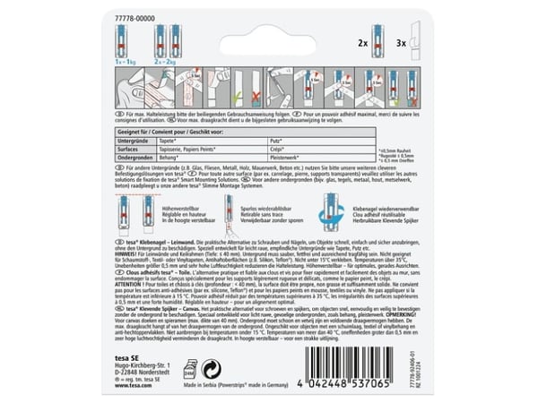 TESA 77778-00000-01, Innendørs, Bildekrok, Blå, Hvit, Polystirol, Limstrimmel, 1 kg