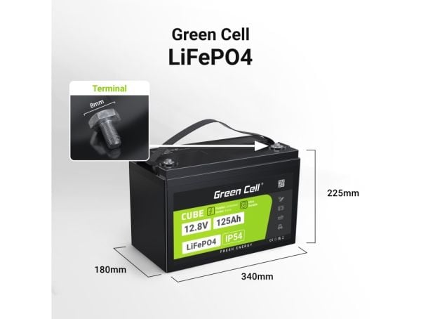 Green Cell Žalias Cell CUBE LiFePO4 125Ah 12,8V 1600Wh liio geležies fosfato baterija kemperiui, sauls energijai, neprijungtai prie tinklo, laivui,...