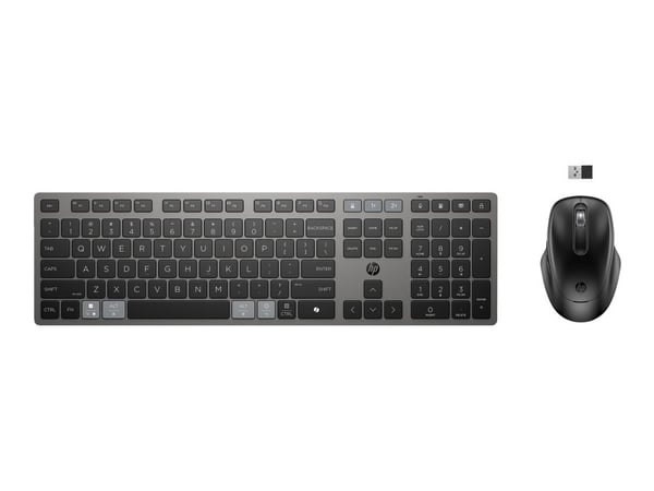 HP 725 - Tastatur- og mussett - multi-enhet, oppladbar, drevet av SuperCapacitor - full size - trådløs - Bluetooth, 2.4 GHz - kveldningssvart - Sma...