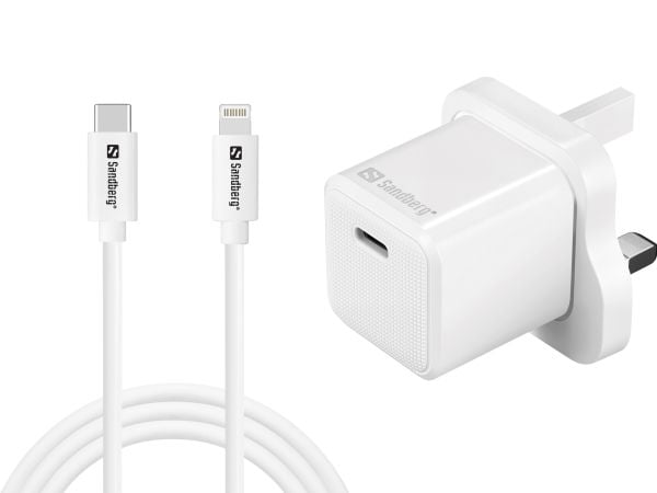 Sandberg - Strømadapter - 20 watt - 3 A - PD (USB-C) - på kabel: Lightning - Storbritannia