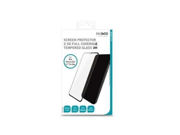 DELTACO - Skjermbeskyttelse for mobiltelefon - full dekning, 9H - 2.5D - glass - rammefarge svart - for Apple iPhone 15 Pro Max