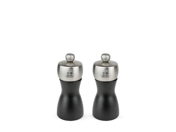 Peugeot Fidji, Suola- ja pippurimyllysetti, musta, Ruostumaton teräs, Pyökki, Ruostumaton teräs, 120 mm, Ranska Peugeot Fidji, Suola- ja pippurimyllysetti, musta, Ruostumaton teräs, Pyökki, Ruostumaton teräs, 120 mm, Ranska
