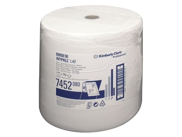 Teollisuuspyyhe, Kimberly-Clark Wypall L40, 1-kerroksinen, 259m x 31.5cm, Ø40cm, valkoinen