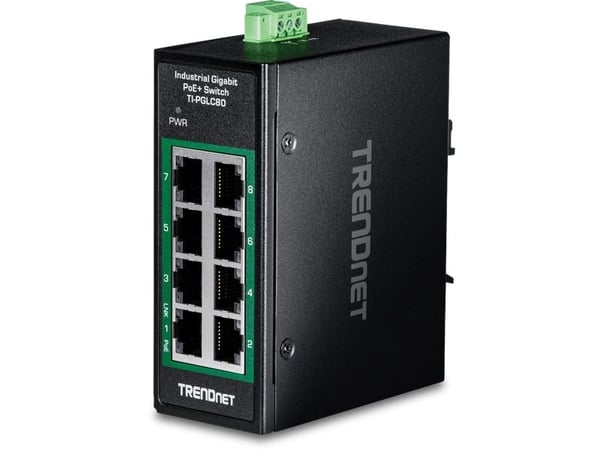 TRENDnet TI-PGLC80 - Version V1.xR - switch - industrial, mini - 8 x 10/100/1000 (PoE+) - DIN-skinnemonterbar, veggmonterbar - PoE+ (200 W) - TAA-s...
