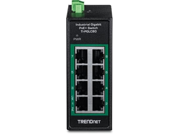 TRENDnet TI-PGLC80 - Version V1.xR - switch - industrial, mini - 8 x 10/100/1000 (PoE+) - DIN-skinnemonterbar, veggmonterbar - PoE+ (200 W) - TAA-s...