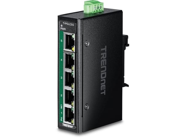 TRENDnet TI-PGLC50 - Version V1 - switch - industrial, mini - 4 x 10/100/1000 (PoE+) + 1 x 10/100/1000 - DIN-skinnemonterbar, veggmonterbar - PoE+ ...
