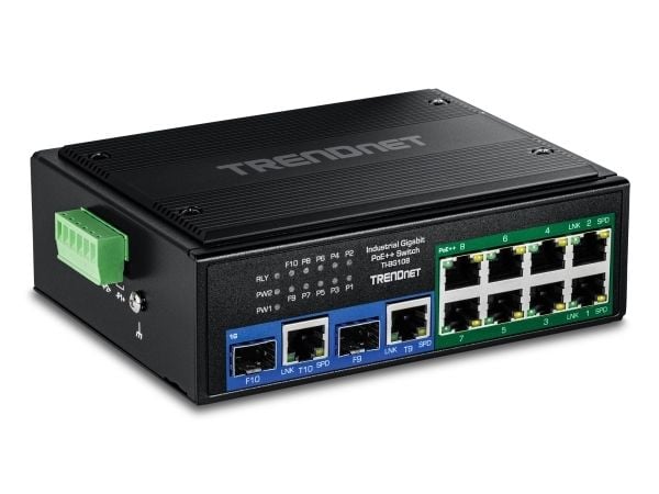 TRENDnet TI-BG108 - Version v1.0R - switch - industriell - ikke-styrt - 8 x 10/100/1000 (PoE++) + 2 x kombo Gigabit SFP/RJ-45 - DIN-skinnemonterbar...