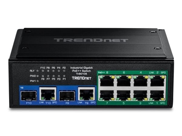 TRENDnet TI-BG108 - Version v1.0R - switch - industriell - ikke-styrt - 8 x 10/100/1000 (PoE++) + 2 x kombo Gigabit SFP/RJ-45 - DIN-skinnemonterbar...