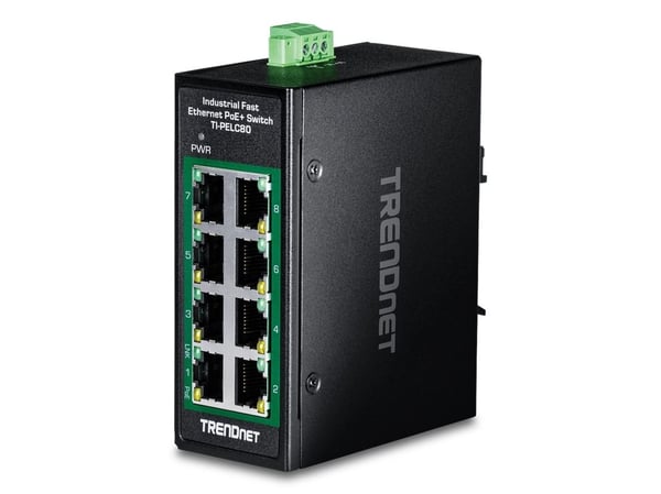 TRENDnet TI-PELC80 - Version V1.xR - switch - industrial, mini - 8 x 10/100 (PoE+) - DIN-skinnemonterbar, veggmonterbar - PoE+ (200 W) - TAA-samsvar