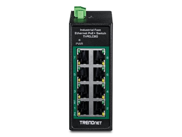 TRENDnet TI-PELC80 - Version V1.xR - switch - industrial, mini - 8 x 10/100 (PoE+) - DIN-skinnemonterbar, veggmonterbar - PoE+ (200 W) - TAA-samsvar