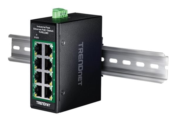 TRENDnet TI-PELC80 - Version V1.xR - switch - industrial, mini - 8 x 10/100 (PoE+) - DIN-skinnemonterbar, veggmonterbar - PoE+ (200 W) - TAA-samsvar
