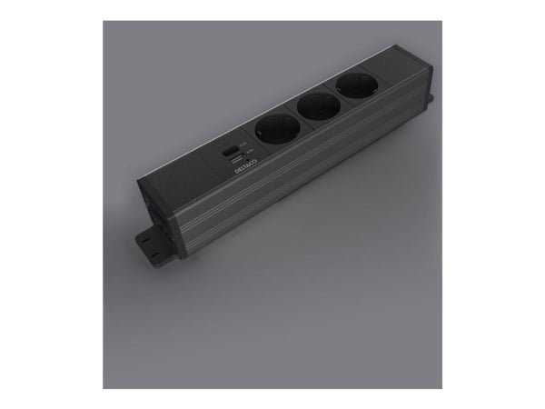 DELTACO OFFICE -pöydänalainen pistorasia, 3 pistorasiaa, 1x21 W A+C USB, GST18-suojus, 1-in, 2-out / GT-1203 / 1902246
