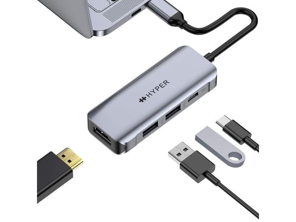 HYPER HD41-GL, USB 2.0 Type-C, Musta, Harmaa, HDMI, USB 2.0, USB Type-C, USB, 85 mm, 34 mm