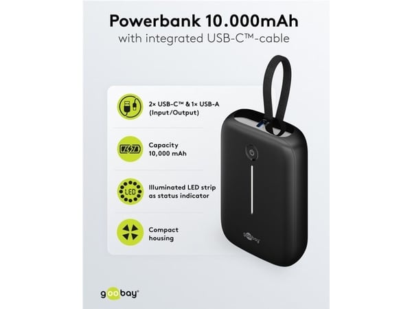 10 000 mAh:n tehopankki integroidulla USB-C™-kaapelilla