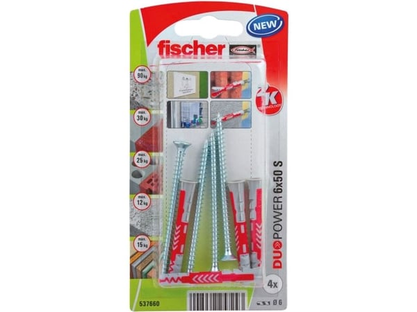 Fischer 537660, Kit med skruv och väggplugg, Tegel, Betong, Pozidriv, PZ2, 50 mm, 6 mm