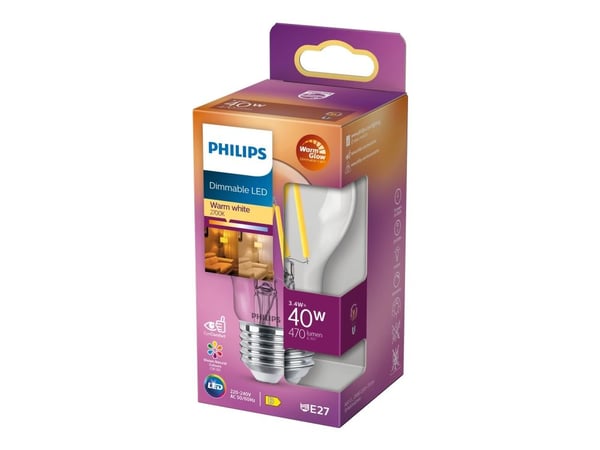 Philips - LED-glödlampa med filament - form: A60 - klar finish - E27 - 3.4 W (motsvarande 40 W) - klass D - varmt vitt ljus - 2700 K