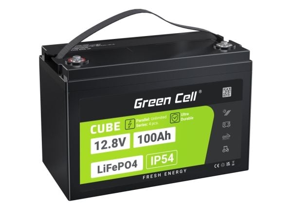 Green Cell LFPGC12V100AH, Litiumrautafosfaatti (liFePo4), 12,8 V, 100 ah, 1280 Wh, 10 vuosi/vuosia, Musta, Vihreä