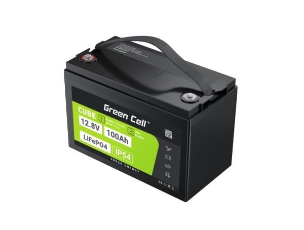 Green Cell LFPGC12V100AH, Lithium Iron Phosphate (LiFePO4), 12,8 V, Sort, Grønn, 100 Ah, 1280 Wh, 10 år