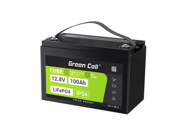 Green Cell LFPGC12V100AH, Lithium Iron Phosphate (LiFePO4), 12,8 V, Sort, Grønn, 100 Ah, 1280 Wh, 10 år