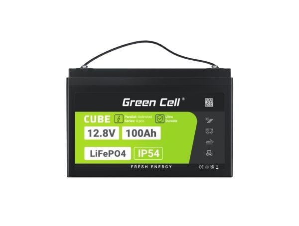 Green Cell LFPGC12V100AH, Lithium Iron Phosphate (LiFePO4), 12,8 V, Sort, Grønn, 100 Ah, 1280 Wh, 10 år