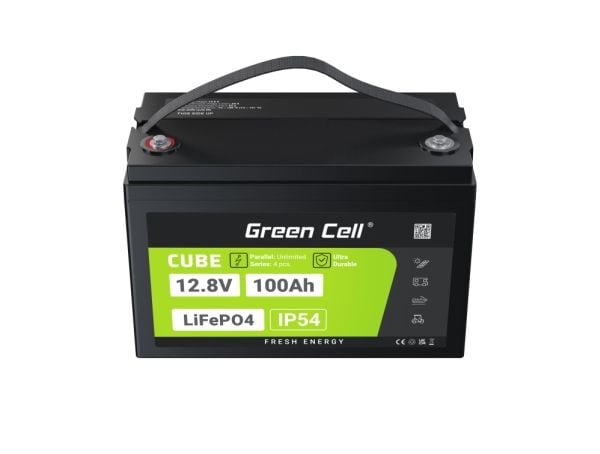 Green Cell LFPGC12V100AH, Lithium Iron Phosphate (LiFePO4), 12,8 V, Sort, Grønn, 100 Ah, 1280 Wh, 10 år