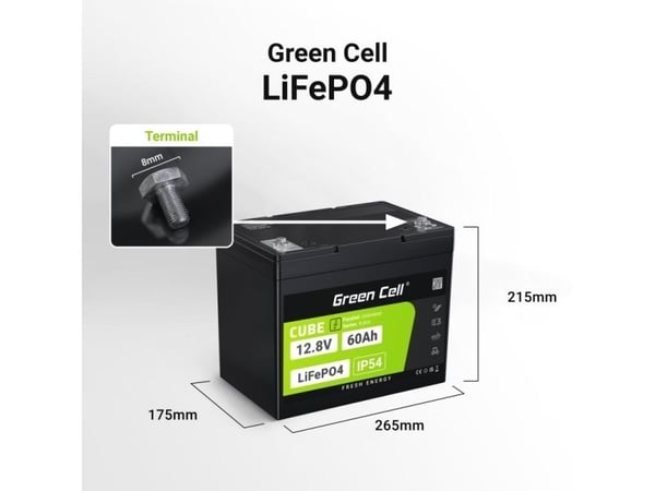 Green Cell CUBE LiFePO4 60Ah 12,8V 768Wh litiumjernfosfatbatteri for elektriske motorer, bobiler, heiser