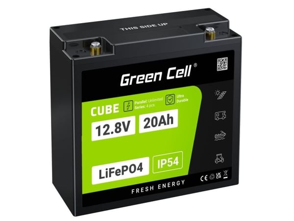 Green Cell LFPGC12V20AH, Litiumrautafosfaatti (liFePo4), 12,8 V, 20 ah, 256 Wh, 10 vuosi/vuosia, musta, Vihreä