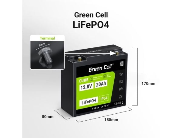 Green Cell LFPGC12V20AH, Lithium Iron Phosphate (LiFePO4), 12,8 V, Sort, Grønn, 20 Ah, 256 Wh, 10 år