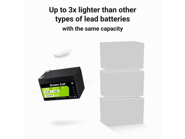 Green Cell LFPGC12V12AH, Lithium Iron Phosphate (LiFePO4), 12,8 V, Sort, Grønn, 12 Ah, 153,6 Wh, 10 år