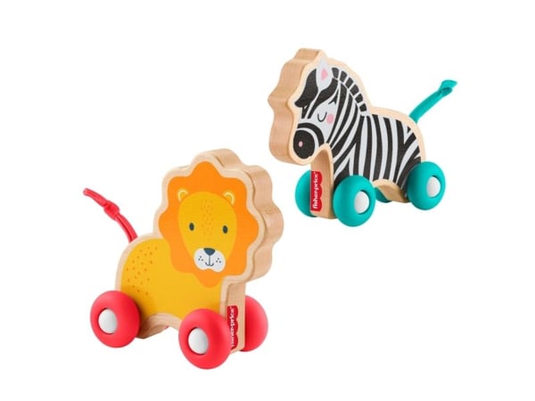 Fisher-Price Rullande djur i trä, lejon och zebra, för krypande lek, 0,5 År, Trä, Multifärg
