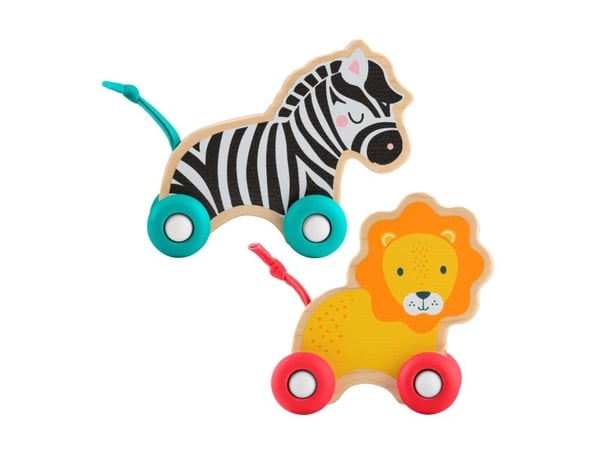 Fisher-Price Wooden Push Along Animals, lekebiler formet som løve og sebra til babyer som krabber og leker, 0,5 år, Tre, Flerfarget
