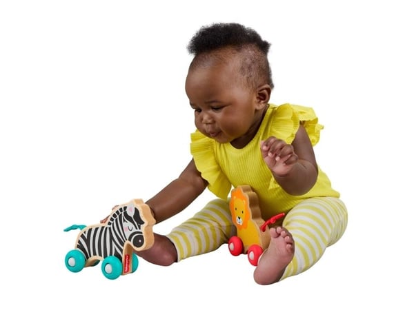 Fisher-Price Wooden Push Along Animals, lekebiler formet som løve og sebra til babyer som krabber og leker, 0,5 år, Tre, Flerfarget