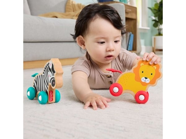 Fisher-Price Wooden Push Along Animals, lekebiler formet som løve og sebra til babyer som krabber og leker, 0,5 år, Tre, Flerfarget