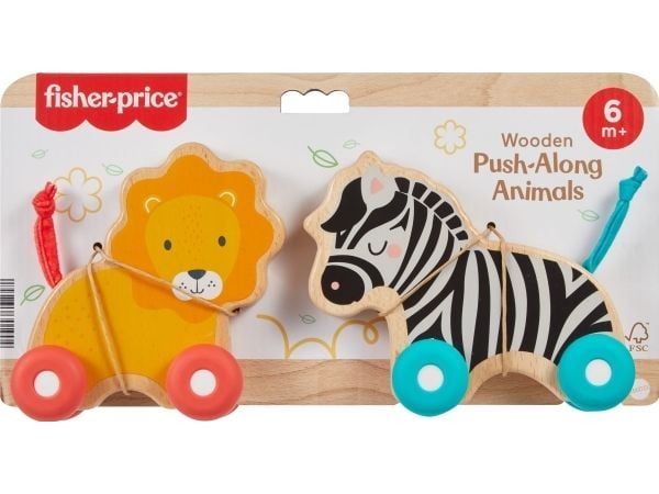 Fisher-Price Wooden Push Along Animals, lekebiler formet som løve og sebra til babyer som krabber og leker, 0,5 år, Tre, Flerfarget