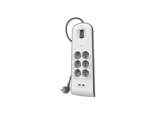 Belkin ylijännitesuoja 650J, 6 Schuko pistorasiaa, 2x USB-A, 2m, 2m