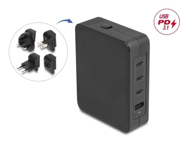 Delock - Strømadapter - GaN, 3 x USB-C PD 3.1 and 1 x USB-A with 145W power adapter EU/US/UK - AC 100-240 V - 145 watt - utgangskontakter: 4 - svart