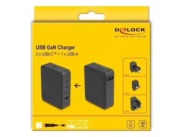 Delock - Strømadapter - GaN, 3 x USB-C PD 3.1 and 1 x USB-A with 145W power adapter EU/US/UK - AC 100-240 V - 145 watt - utgangskontakter: 4 - svart