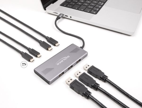 Delock 7-porttinen USB-keskitin 10 Gbps, jossa on 4 x USB Type-C-liitäntä ja 3 x USB Type-A-liitäntä PD 80 W:lla