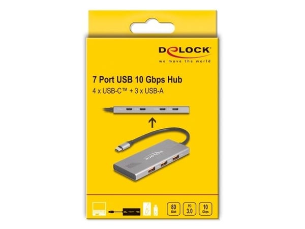 Delock 7-porttinen USB-keskitin 10 Gbps, jossa on 4 x USB Type-C-liitäntä ja 3 x USB Type-A-liitäntä PD 80 W:lla