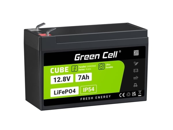 Green Cell LFPGC12V7AH, Litiumrautafosfaatti (liFePo4), 12,8 V, 7 ah, 89,6 Wh, 10 vuosi/vuosia, musta, Vihreä