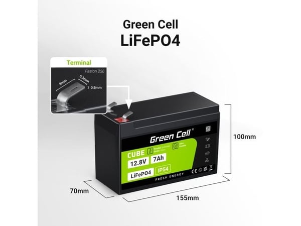 Green Cell LFPGC12V7AH, Litiumrautafosfaatti (liFePo4), 12,8 V, 7 ah, 89,6 Wh, 10 vuosi/vuosia, musta, Vihreä