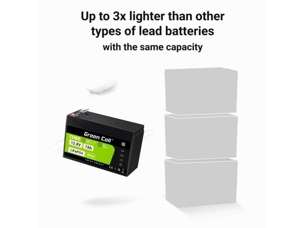 Green Cell LFPGC12V7AH, Litiumrautafosfaatti (liFePo4), 12,8 V, 7 ah, 89,6 Wh, 10 vuosi/vuosia, musta, Vihreä