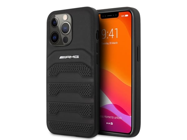 Mercedes Benz AMG AMHCP14XGSEBK iPhone 14 Pro Max 6.7, svart / svart hardt deksel, lær, pregede linjer