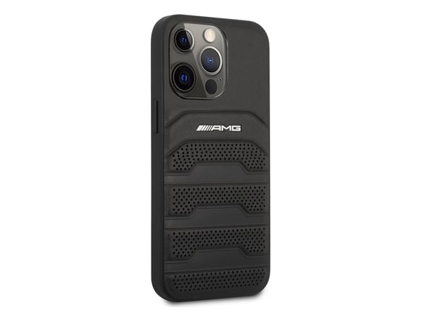 Mercedes Benz AMG AMHCP14XGSEBK iPhone 14 Pro Max 6.7, svart / svart hardt deksel, lær, pregede linjer