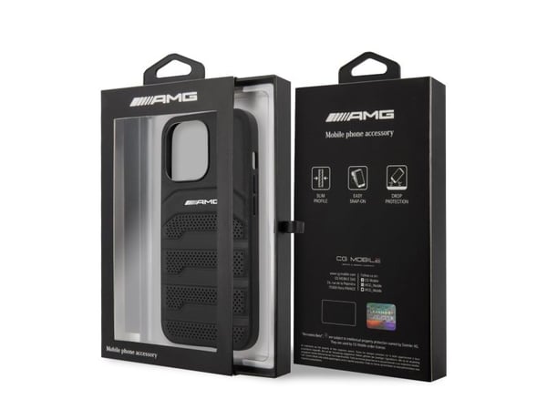 Mercedes Benz AMG AMHCP14XGSEBK iPhone 14 Pro Max 6.7, svart / svart hardt deksel, lær, pregede linjer