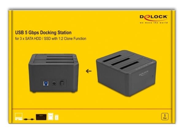 Delock - HDD / SSD-dokkestasjon - 1:2 clone function - brønner: 3 - 2,5" / 3,5" delt - SATA 6Gb/s - USB - svart